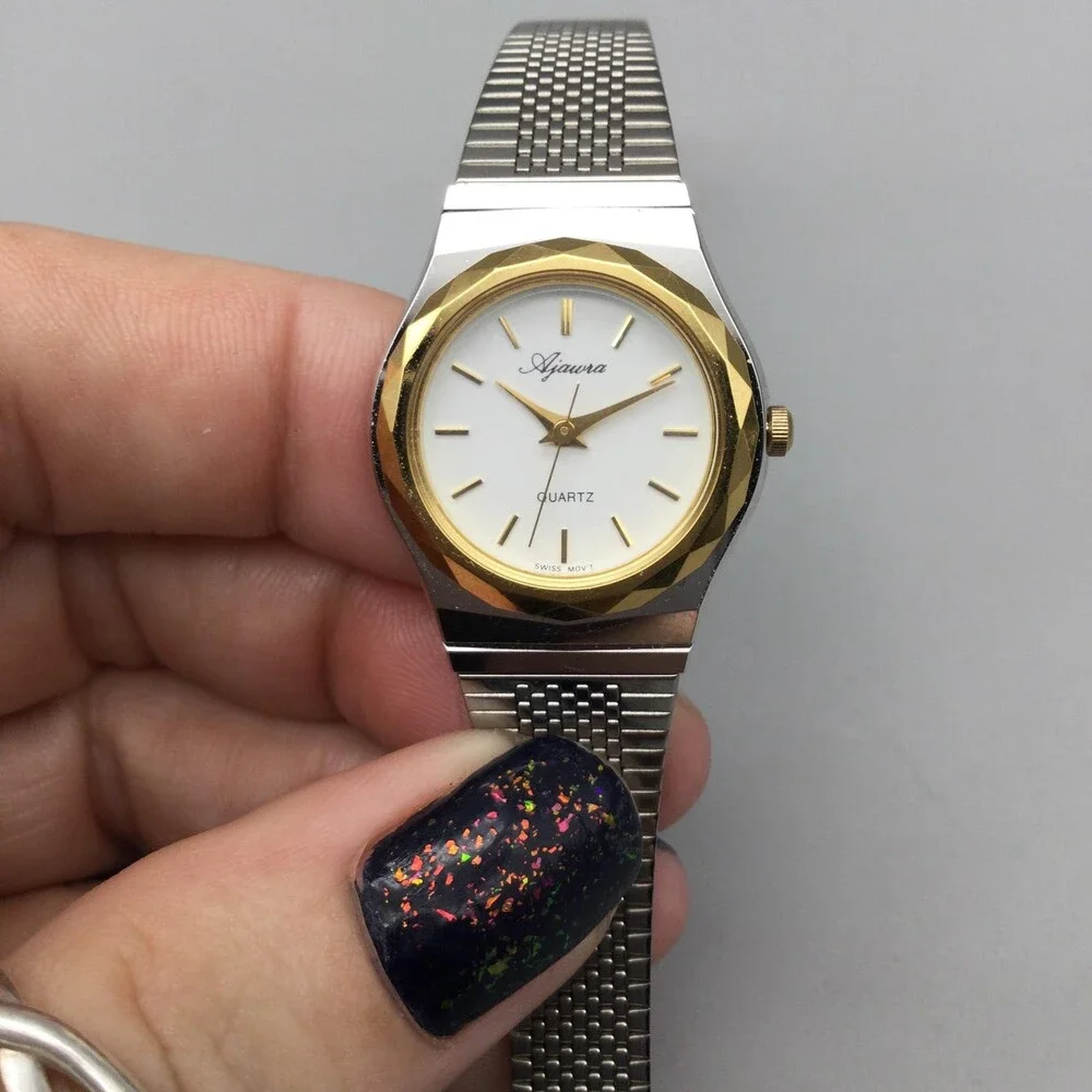 Ajawra Womens Watch 23mm White Dial Two Tone Bracelet Swiss New Battery